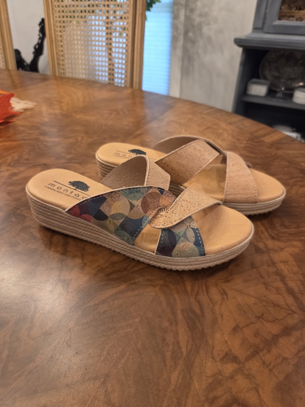 Montana Women’s Beige Slide Sandals with Multicolor Patterned Strap